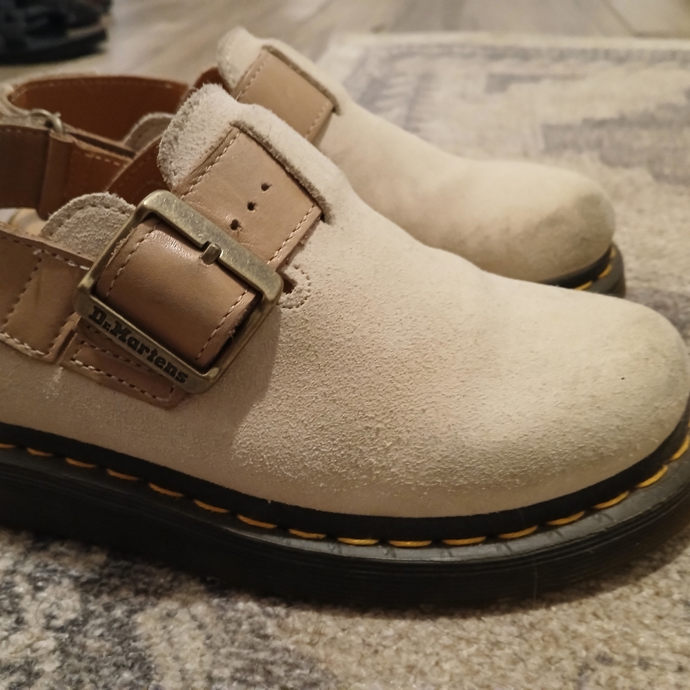 Dr. Martens Cream Suede Buckle Clogs